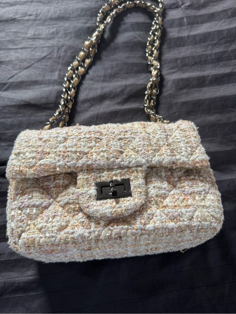 Tiffany & Fred Quilted Tweed Chain Shoulder Bag in Cream and Pink